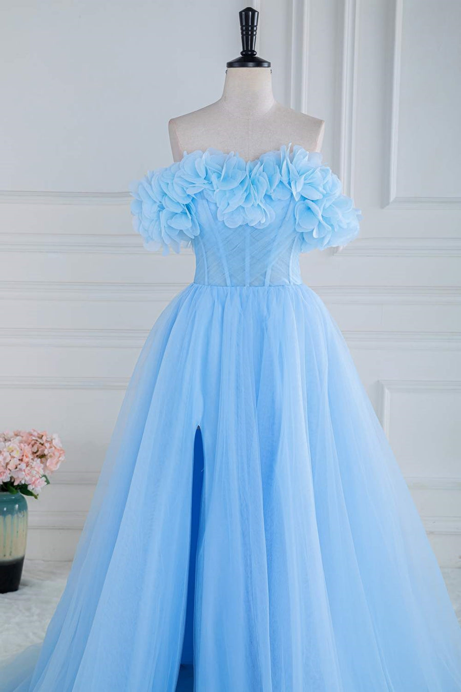Light Blue Flowers Off-Shoulder A-line Long Prom Dress with Slit |  Joyofdress