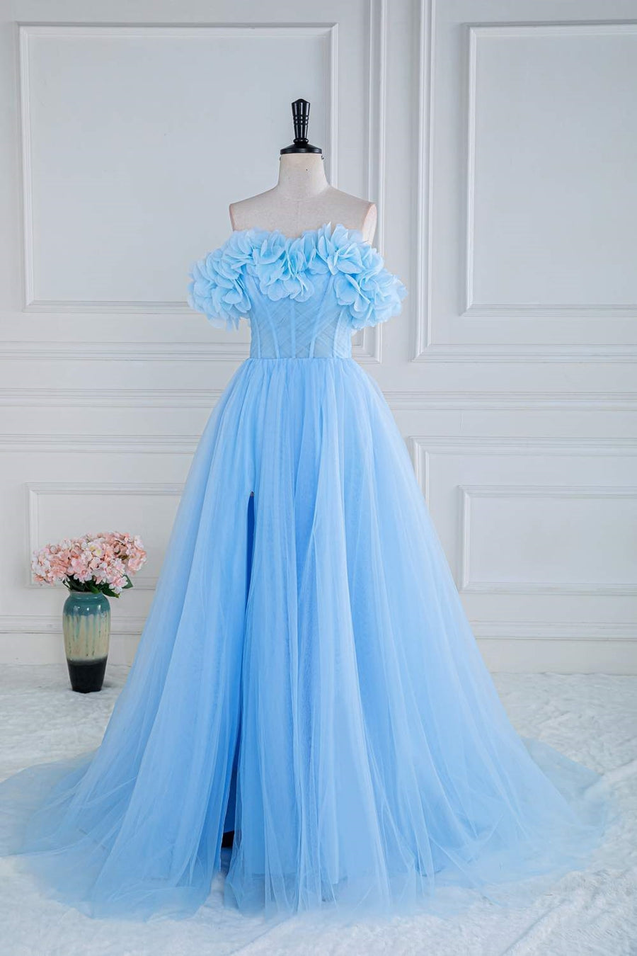 Light Blue Flowers Off-Shoulder A-line Long Prom Dress with Slit Light Blue / US 10