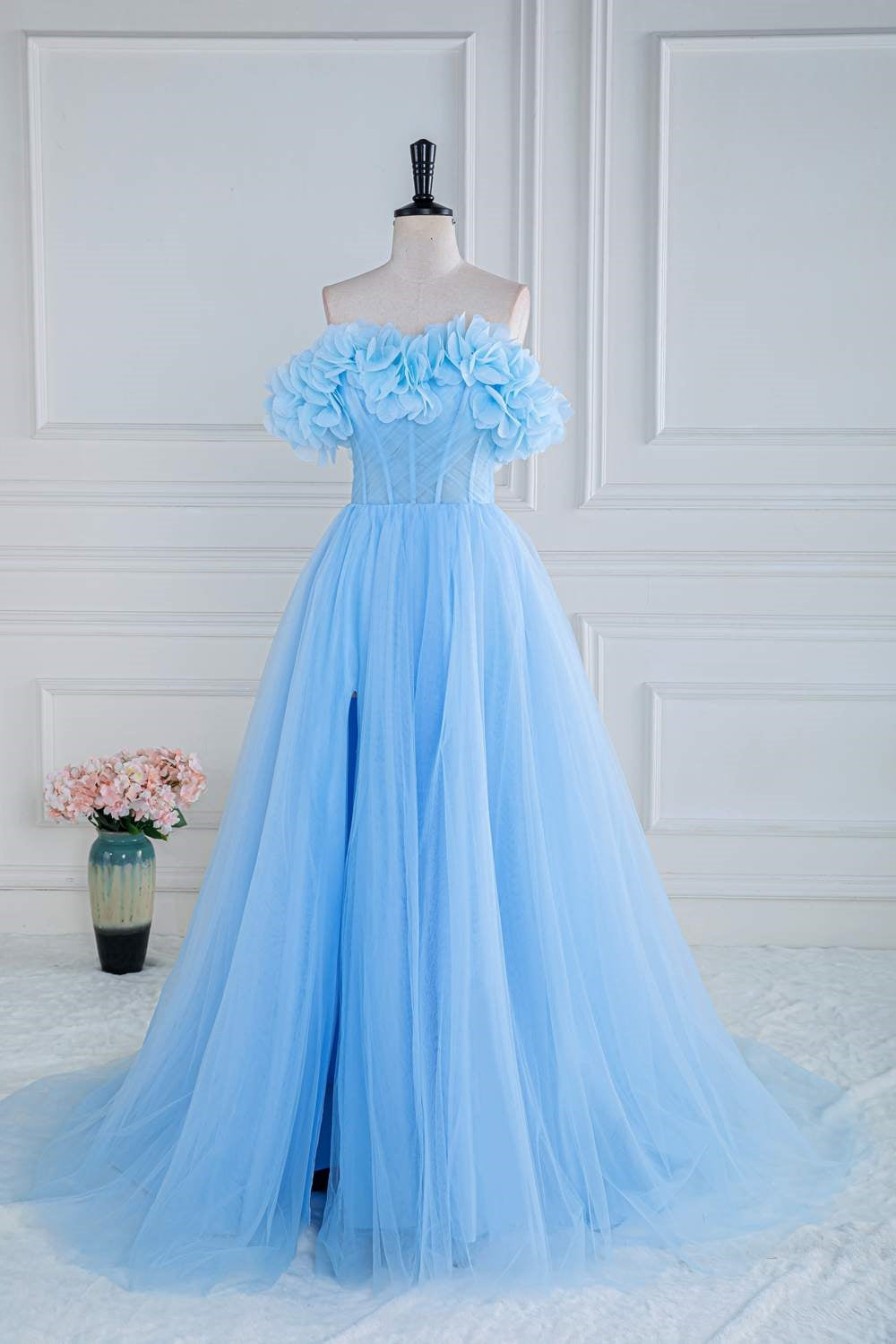 Light Blue Flowers Off-Shoulder A-line Long Prom Dress with Slit Light Blue / US 10 Light Blue Flowers Off-Shoulder A-line Long Prom Dress with Slit Light Blue / US 10