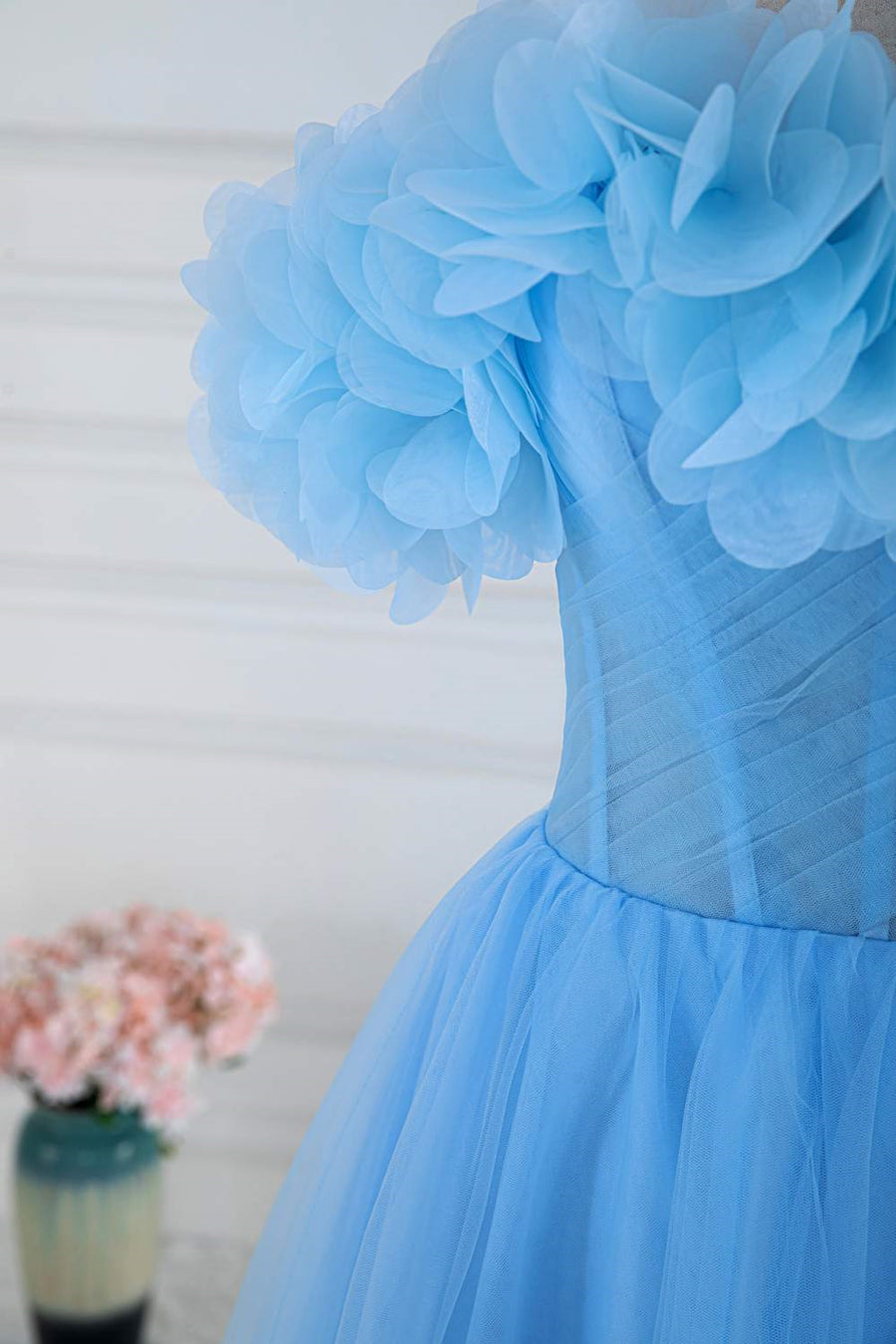 Light Blue Flowers Off-Shoulder A-line Long Prom Dress with Slit Light Blue / US 10