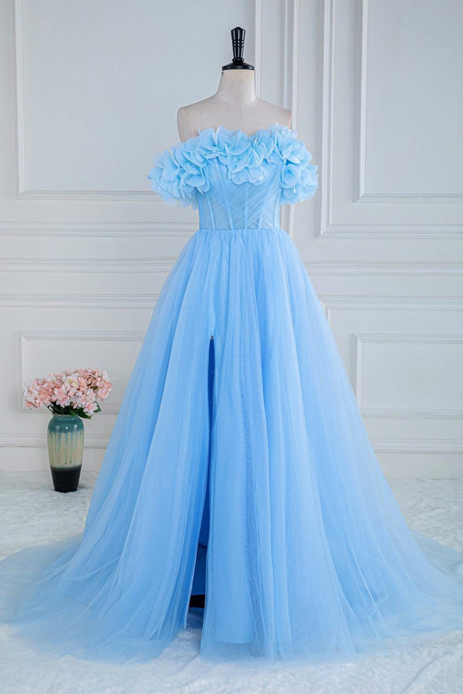 Light Blue Flowers Off-Shoulder A-line Long Prom Dress with Slit