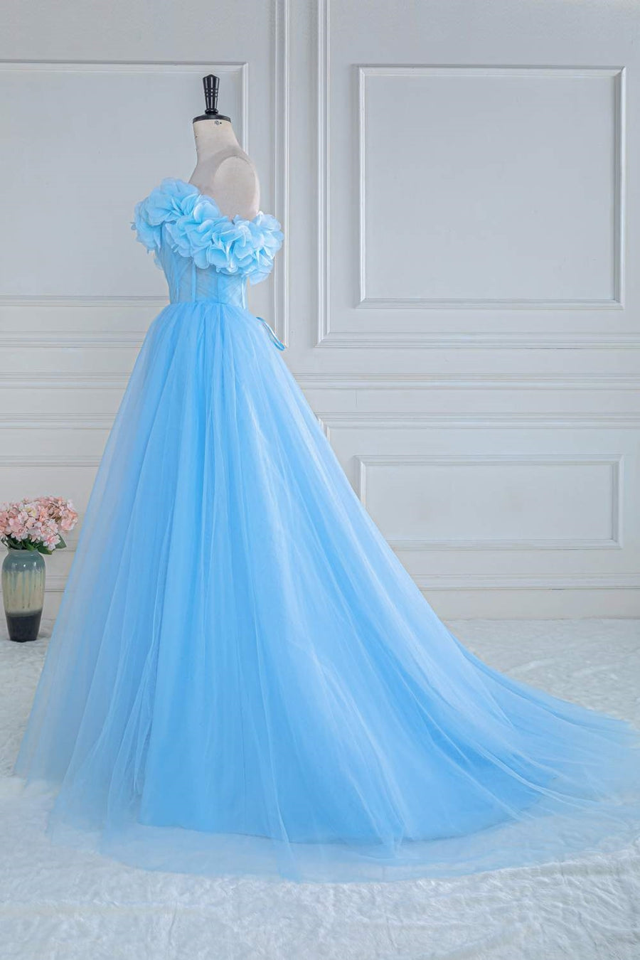 Light Blue Flowers Off-Shoulder A-line Long Prom Dress with Slit Light Blue / US 10