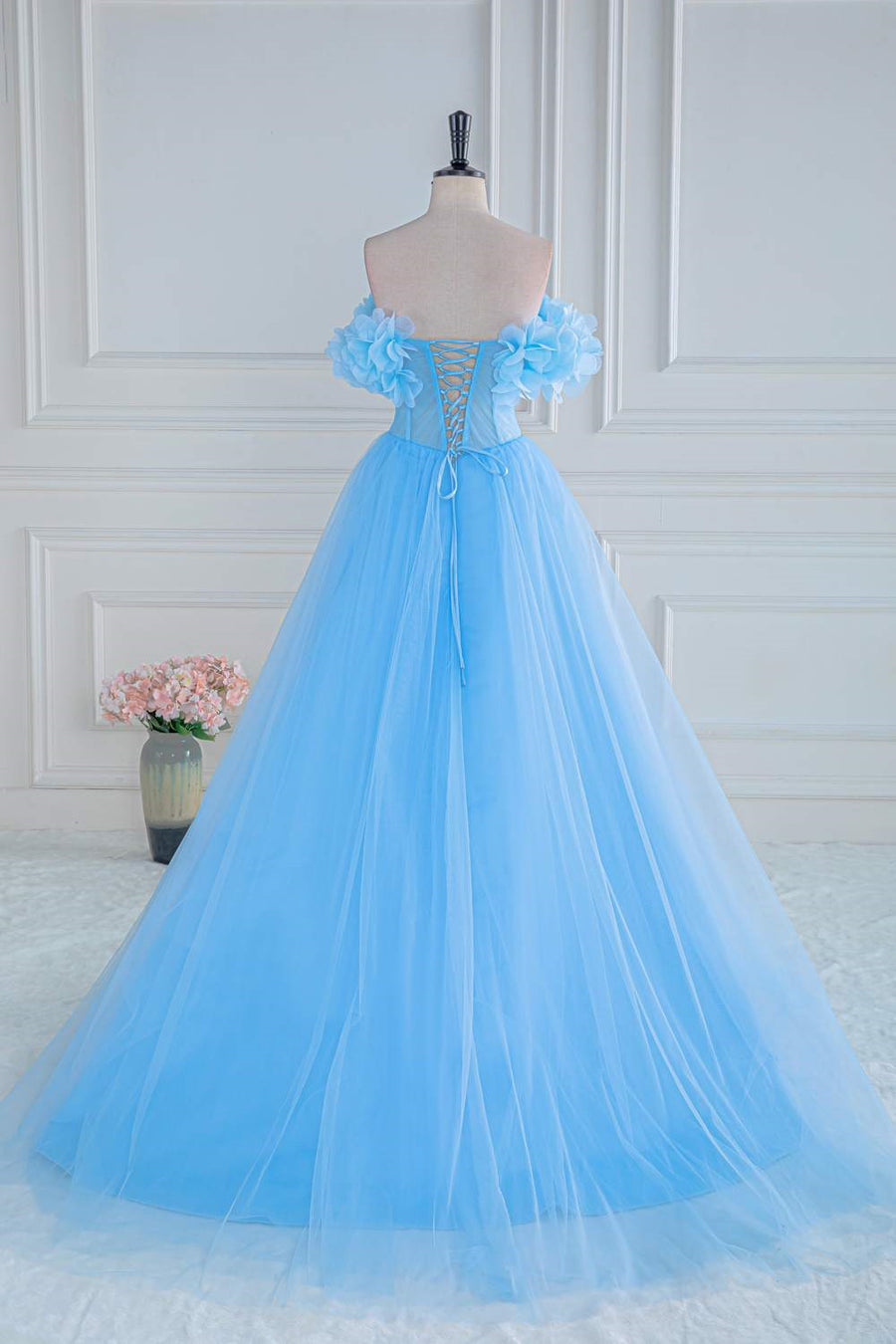 Light Blue Flowers Off-Shoulder A-line Long Prom Dress with Slit Light Blue / US 10 Light Blue Flowers Off-Shoulder A-line Long Prom Dress with Slit Light Blue / US 10