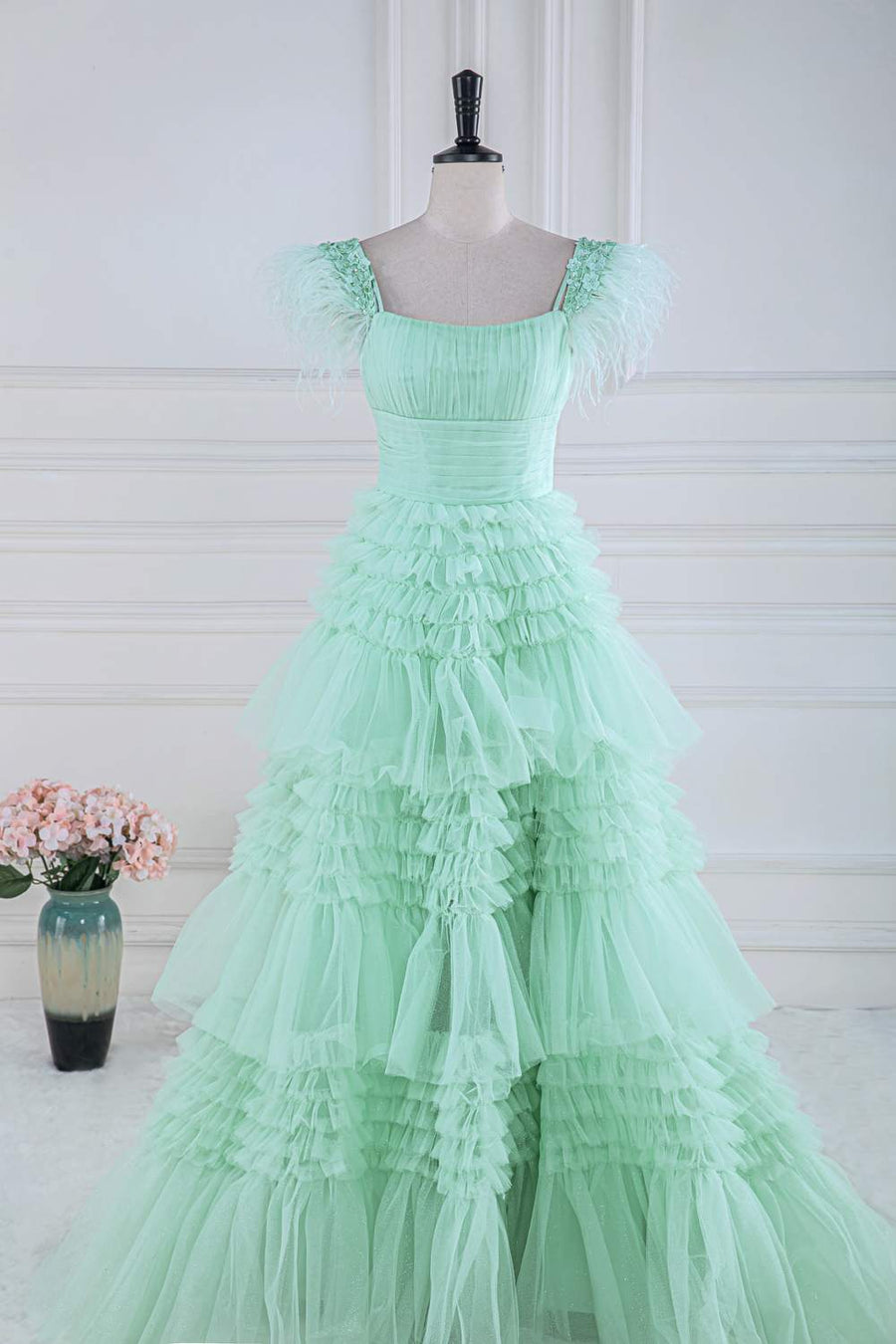 Mint Green A-line Layers Long Prom Dress with Feather Pink / US 14