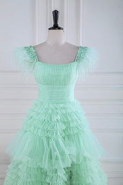 Mint Green A-line Layers Long Prom Dress with Feather
