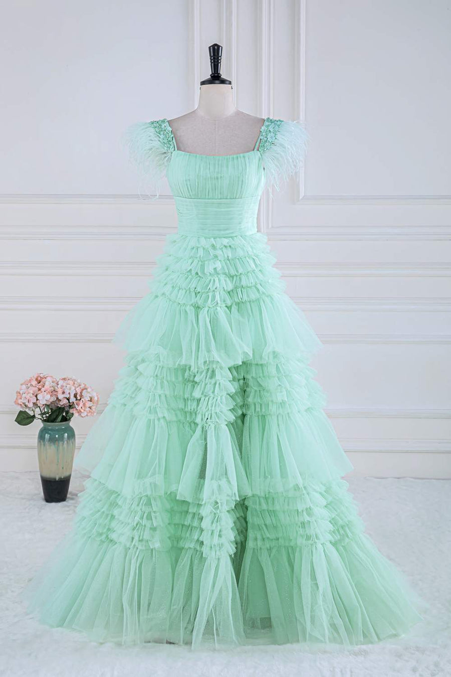 Mint Green A-line Layers Long Prom Dress with Feather Pink / US 16 Mint Green A-line Layers Long Prom Dress with Feather Pink / US 16