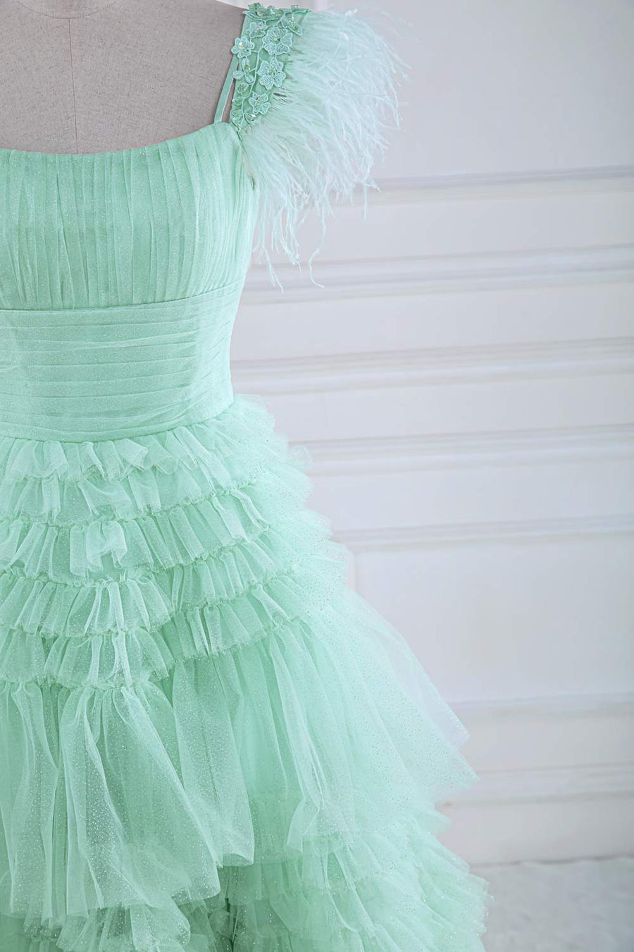 Mint Green A-Line Layers Long Prom Dress with Feather Mint Green / US 4 Mint Green A-Line Layers Long Prom Dress with Feather Mint Green / US 4
