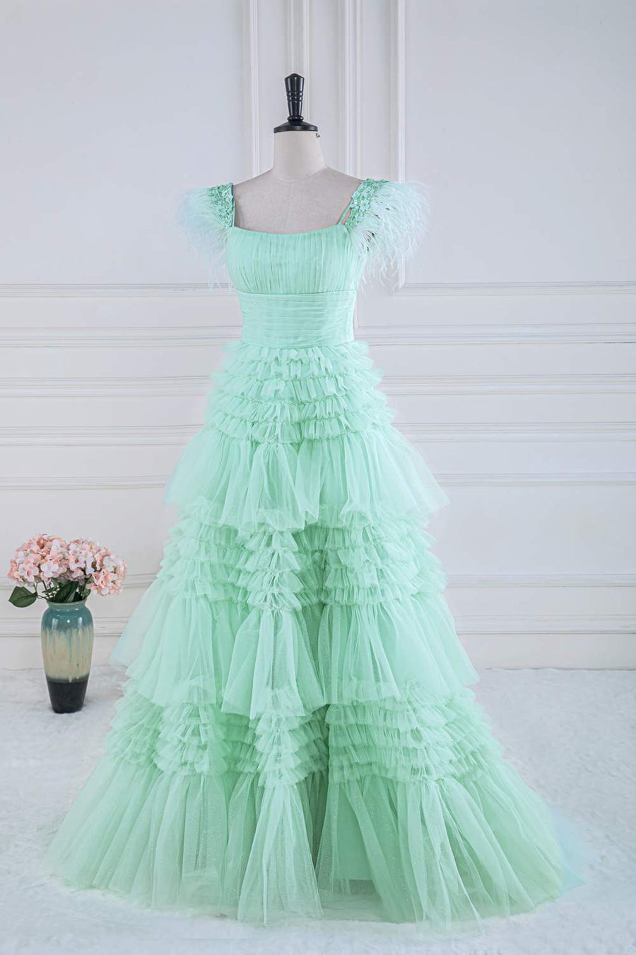 Mint Green A-line Layers Long Prom Dress with Feather | Joyofdress Mint Green A-line Layers Long Prom Dress with Feather | Joyofdress