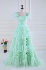 Mint Green A-line Layers Long Prom Dress with Feather