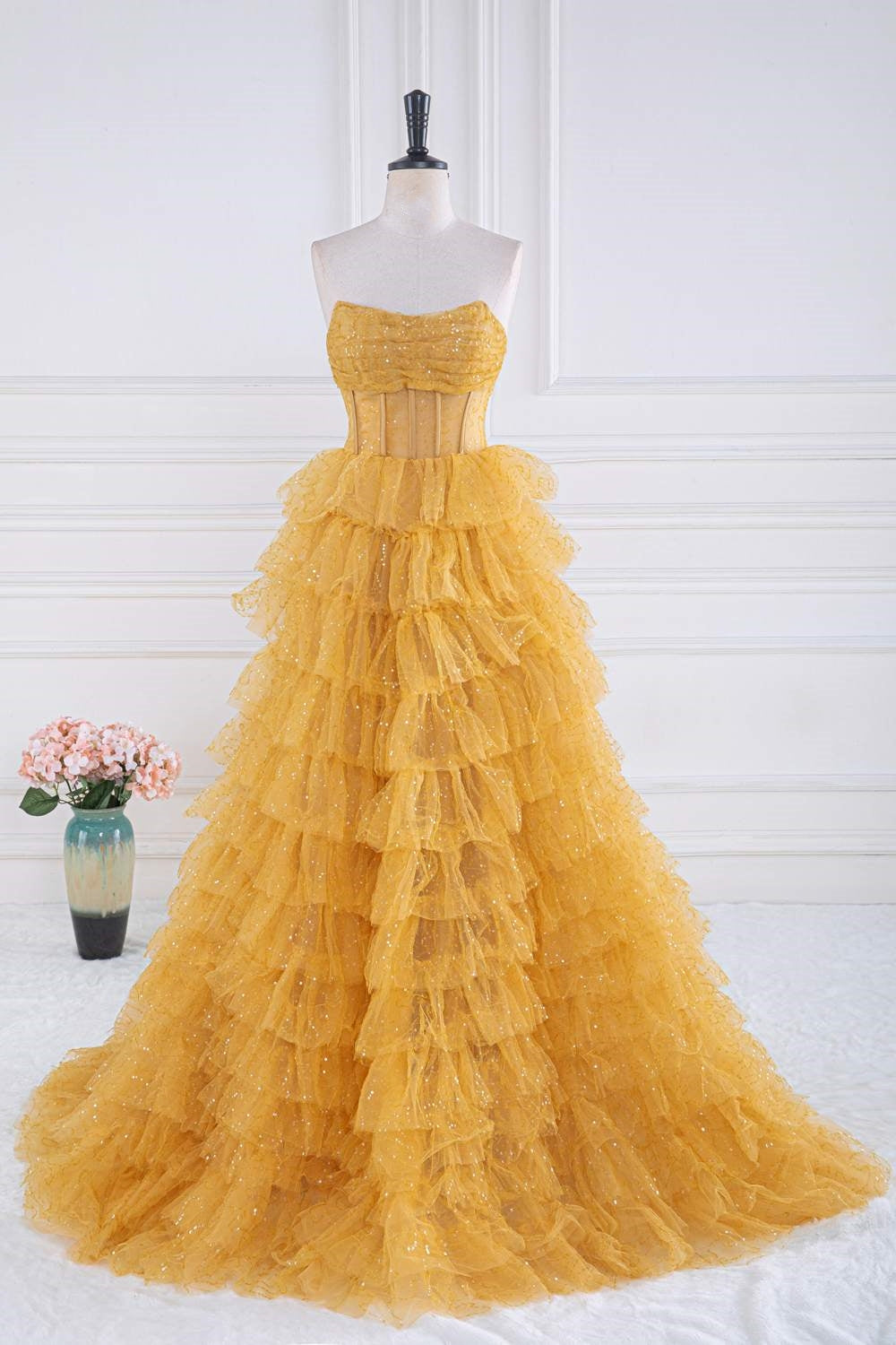 Yellow Sequined Strapless Layers A-line Long Prom Dress Yellow / Custom Size