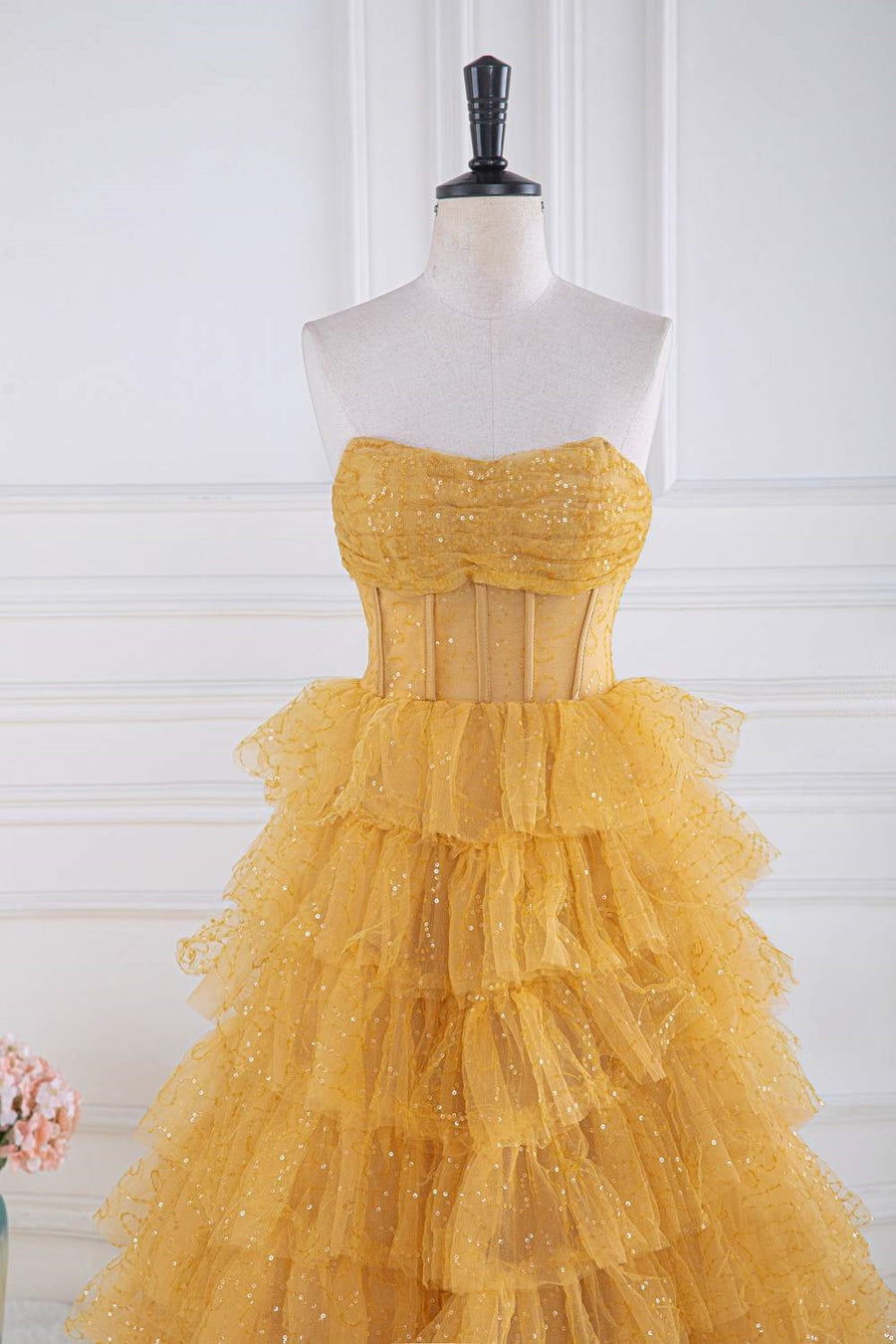 Yellow Sequined Strapless Layers A-line Long Prom Dress Yellow / Custom Size Yellow Sequined Strapless Layers A-line Long Prom Dress Yellow / Custom Size