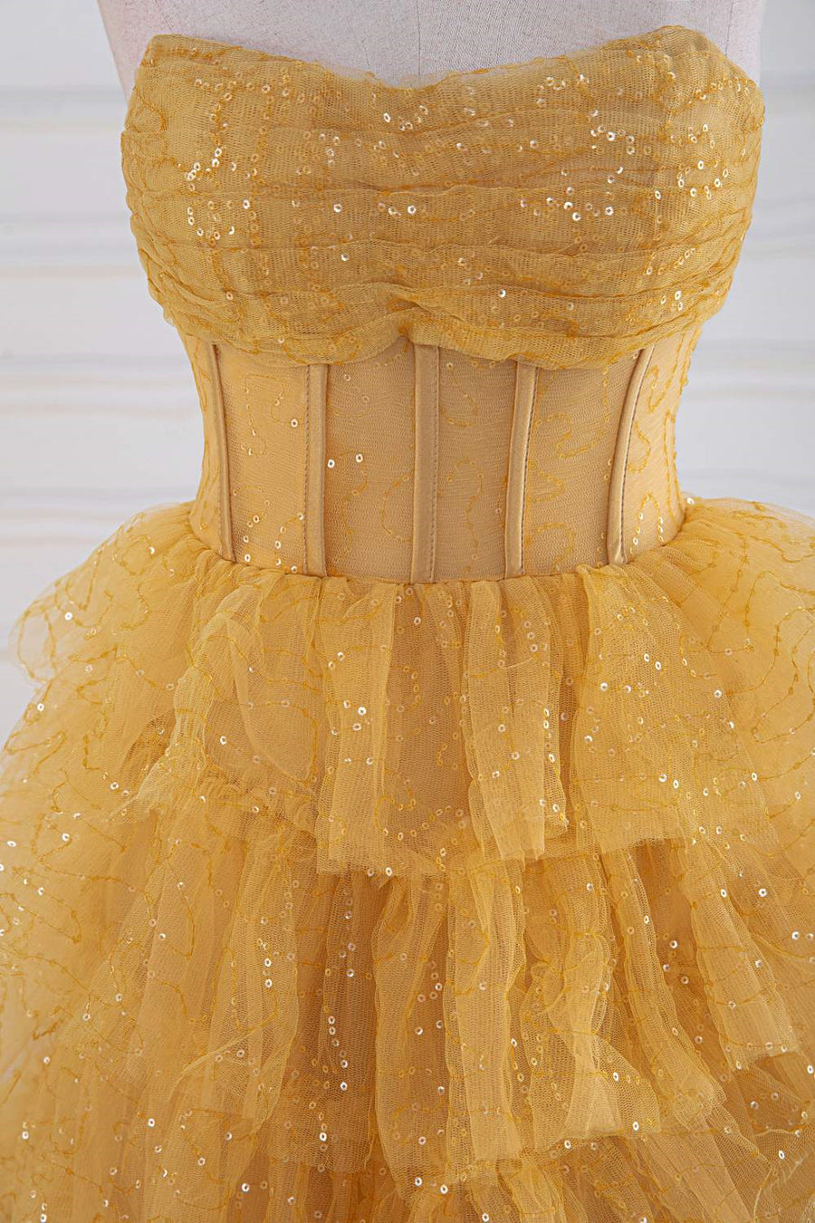 Yellow Sequined Strapless Layers A-line Long Prom Dress | Joyofdress Yellow Sequined Strapless Layers A-line Long Prom Dress | Joyofdress