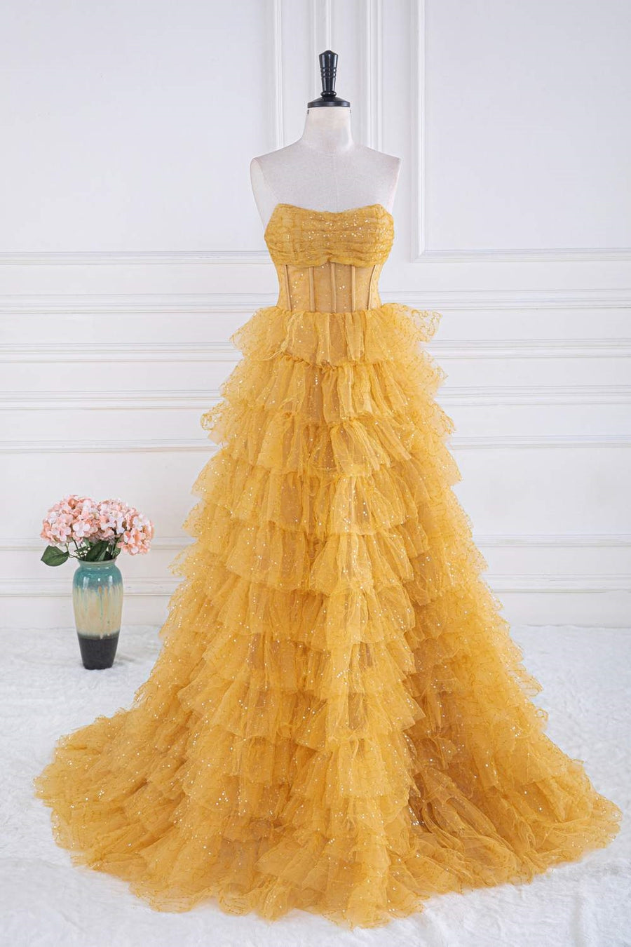 Yellow Sequined Strapless Layers A-line Long Prom Dress | Joyofdress Yellow Sequined Strapless Layers A-line Long Prom Dress | Joyofdress