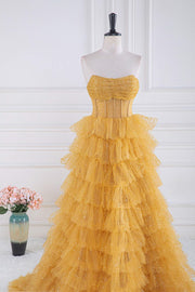 Yellow Sequined Strapless Layers A-line Long Prom Dress