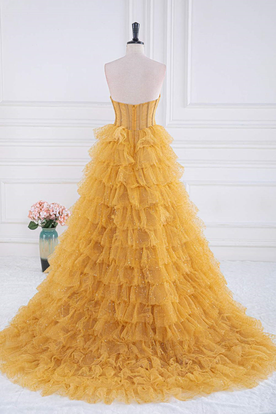Yellow Sequined Strapless Layers A-line Long Prom Dress