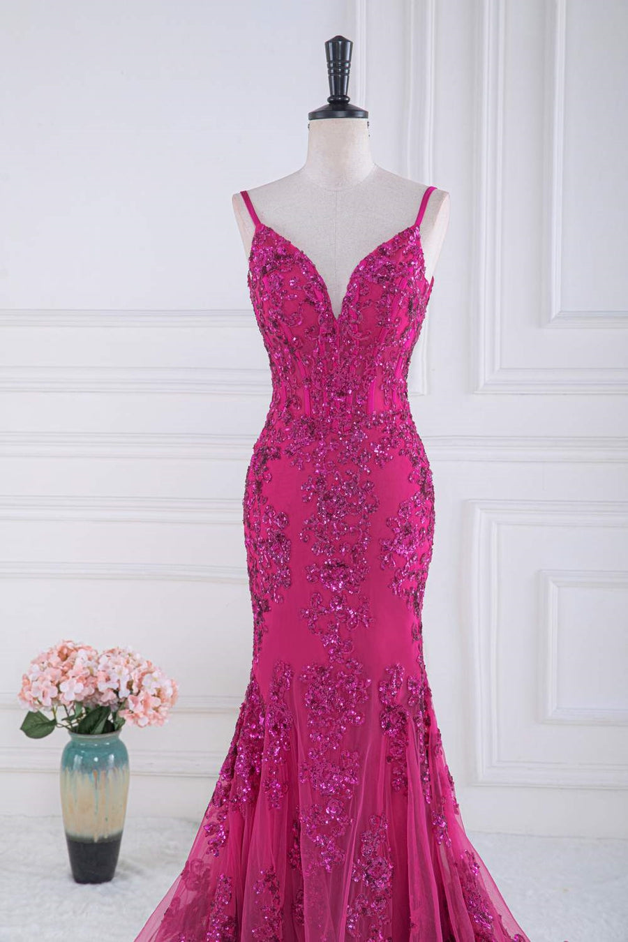 Fuchsia V Neck Sequined Mermaid Slip Long Prom Dress | Joyofdress Fuchsia V Neck Sequined Mermaid Slip Long Prom Dress | Joyofdress