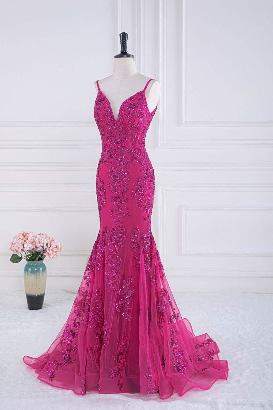 Fuchsia V Neck Sequined Mermaid Slip Long Prom Dress | Joyofdress Fuchsia V Neck Sequined Mermaid Slip Long Prom Dress | Joyofdress