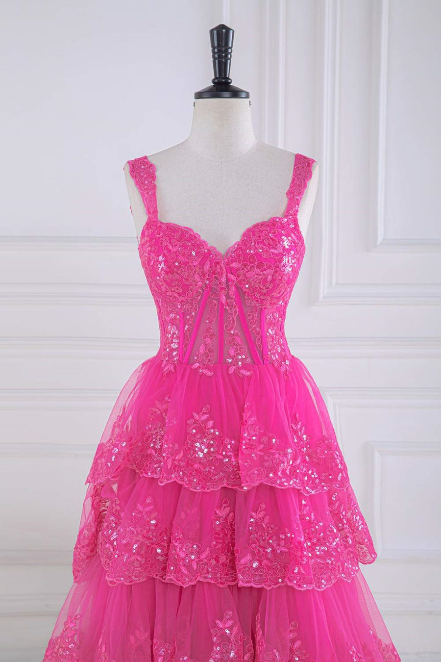 Hot Pink Layers Sequined Floral Long Prom Dress