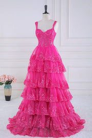Hot Pink Layers Sequined Floral Long Prom Dress