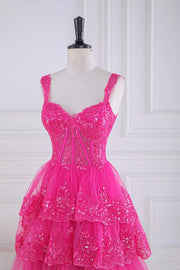 Hot Pink Layers Sequined Floral Long Prom Dress