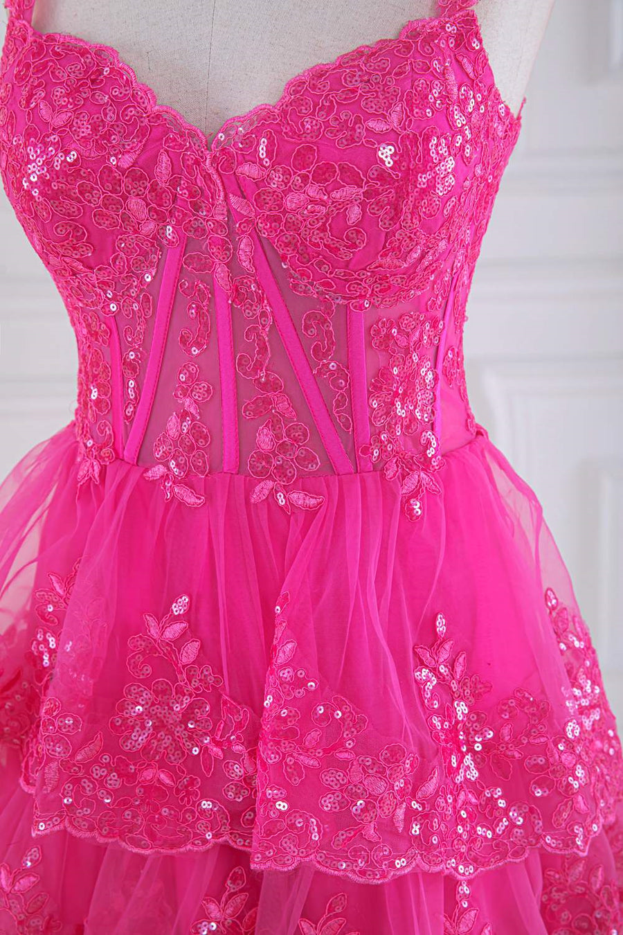 Hot Pink Layers Sequined Floral Long Prom Dress Hot Pink / Custom Size Hot Pink Layers Sequined Floral Long Prom Dress Hot Pink / Custom Size