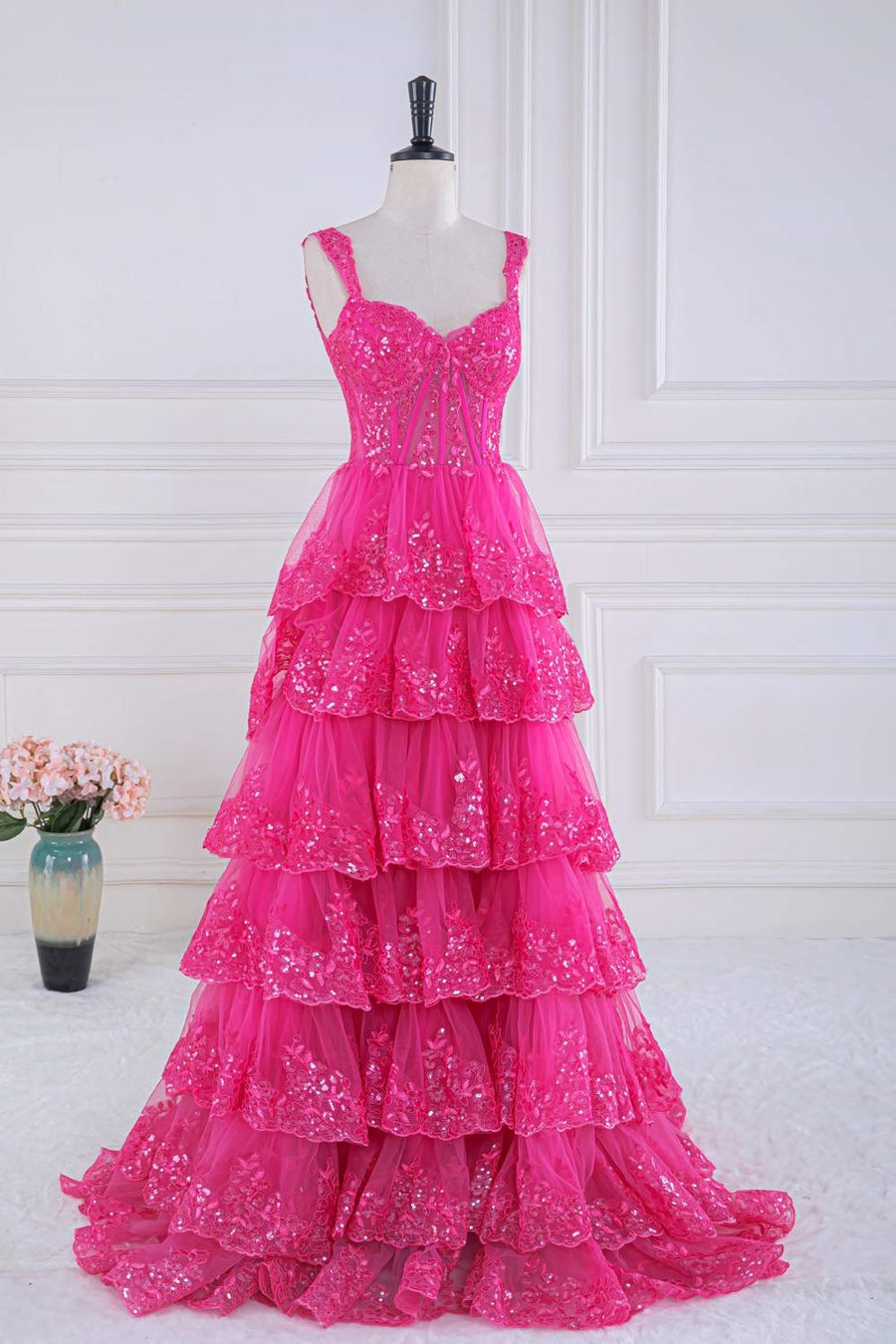 Hot Pink Layers Sequined Floral Long Prom Dress Hot Pink / Custom Size Hot Pink Layers Sequined Floral Long Prom Dress Hot Pink / Custom Size
