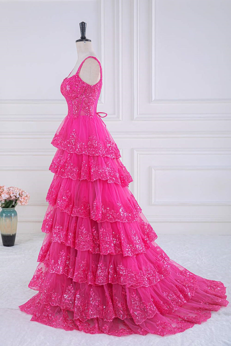 Hot Pink Layers Sequined Floral Long Prom Dress Hot Pink / Custom Size Hot Pink Layers Sequined Floral Long Prom Dress Hot Pink / Custom Size