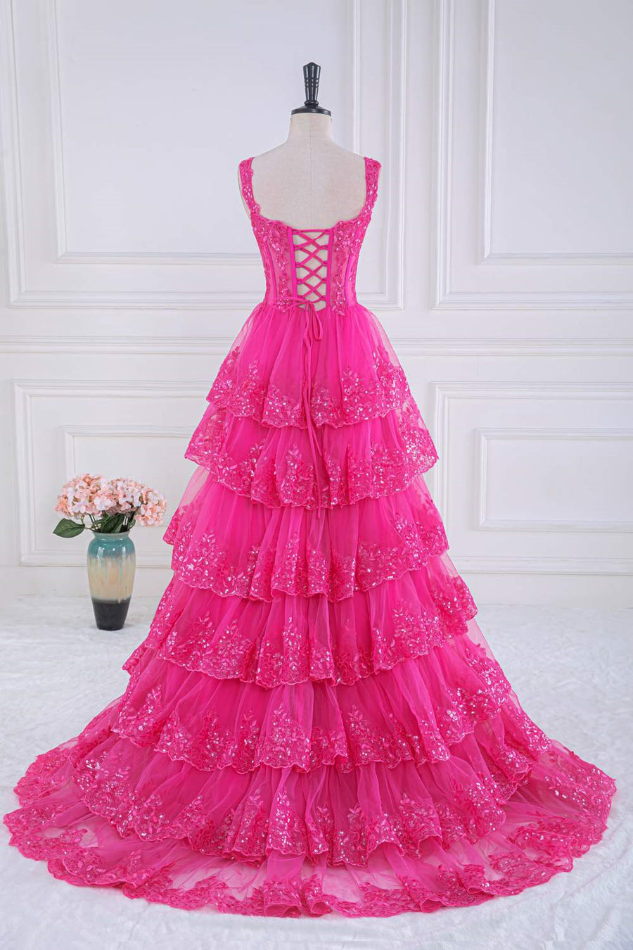 Hot Pink Layers Sequined Floral Long Prom Dress Hot Pink / Custom Size