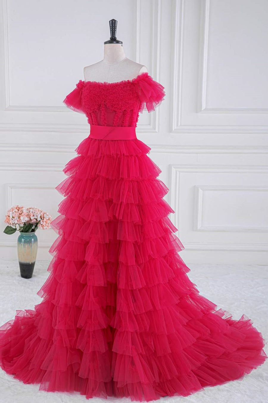 Rose Pink Ruffled Off-Shoulder Layers Long Prom Dress
