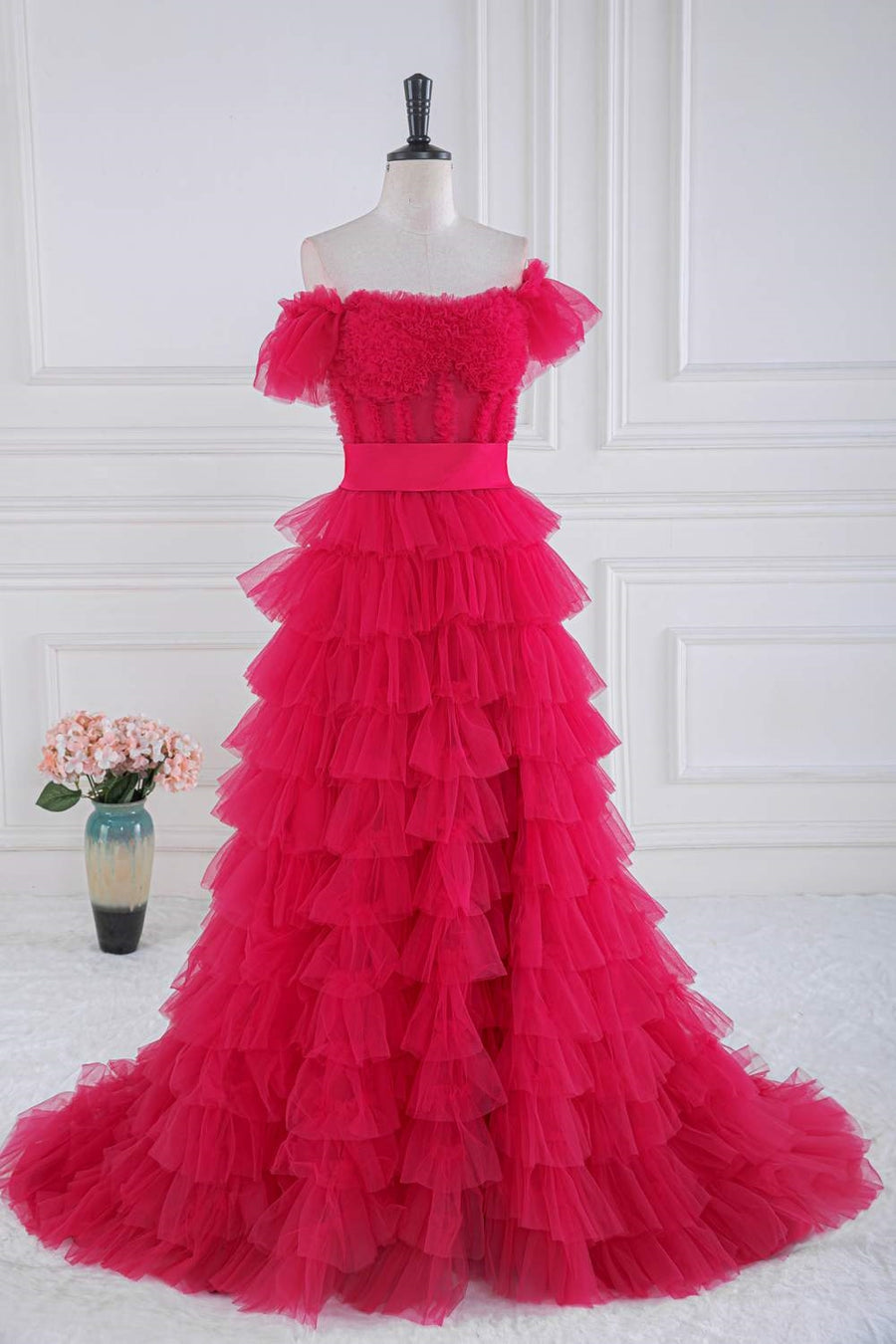Rose Pink Ruffled Off-Shoulder Layers Long Prom Dress