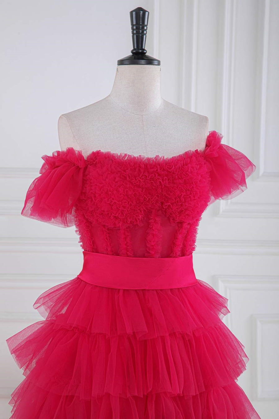 Rose Pink Ruffled Off-Shoulder Layers Long Prom Dress