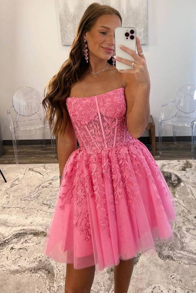 Hot Pink A-Line Tulle Lace Homecoming Dress with Appliques