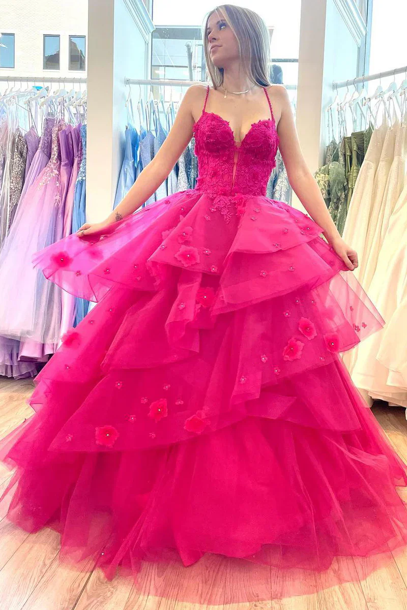 Sweetheart Spaghetti Straps Tulle A-Line Floral Prom Dress