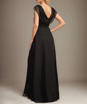 Black Round Sleeveless Chiffon A-Line Leg Slit Mother Of The Bride