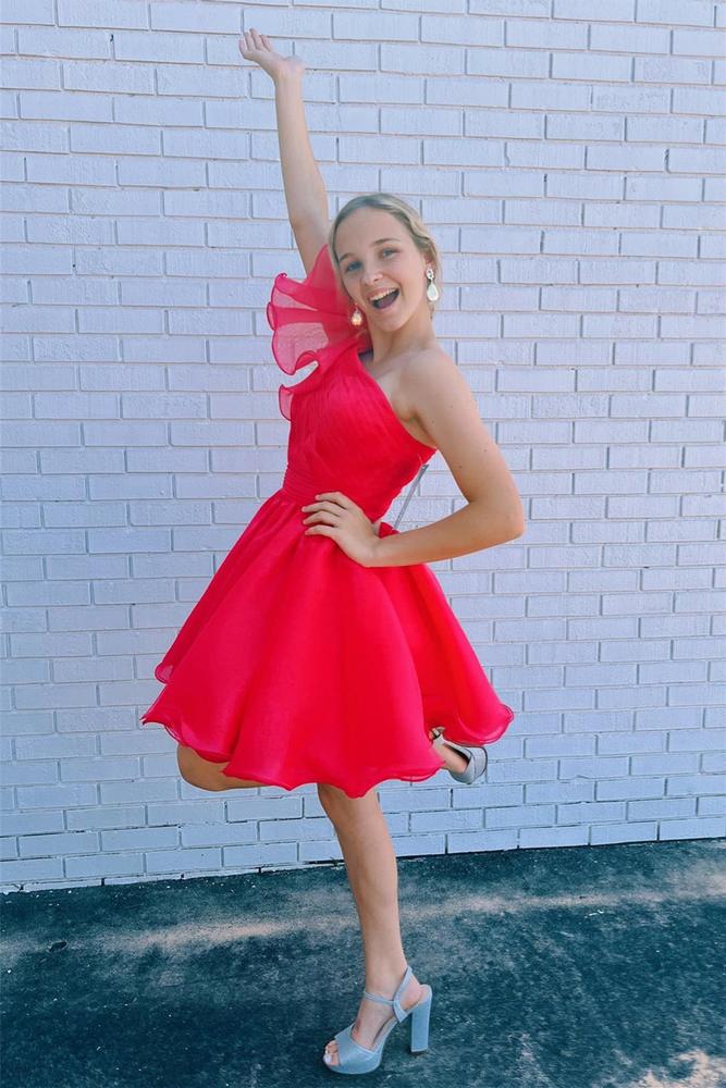 Red A-line One shoulder Tulle Ruffle Homecoming Dress