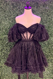Black A-line Off-the-Shoulder Ruffled Puff Sleeves Homecoming Dress