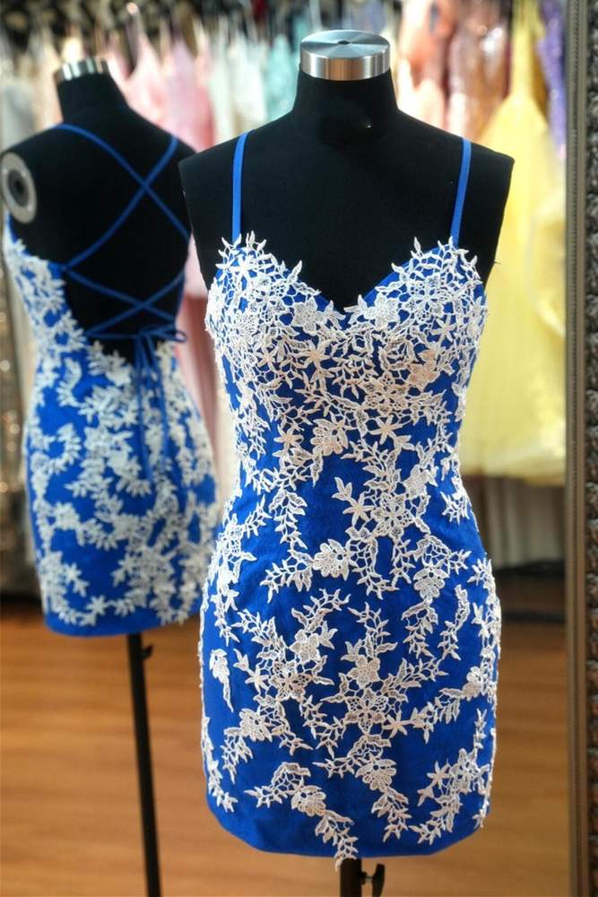 Blue Sweetheart Appliques Spaghetti Straps Homecoming Dress