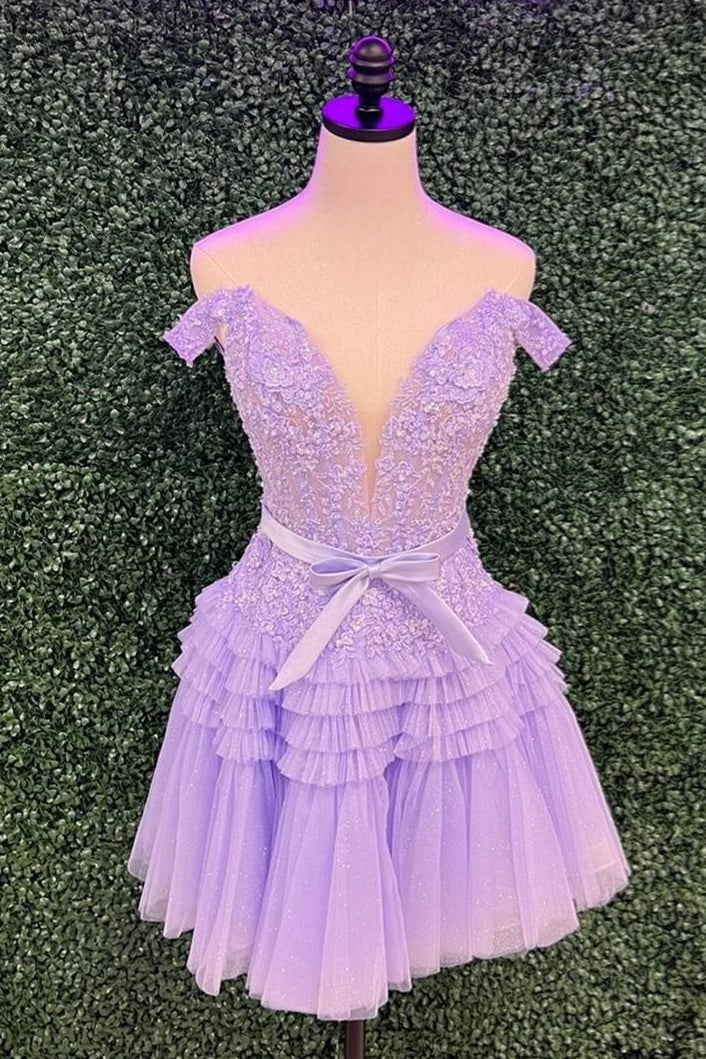 Lavender Plunging Off-the-Shoulder A-line Layers Appliques Homecoming Dress