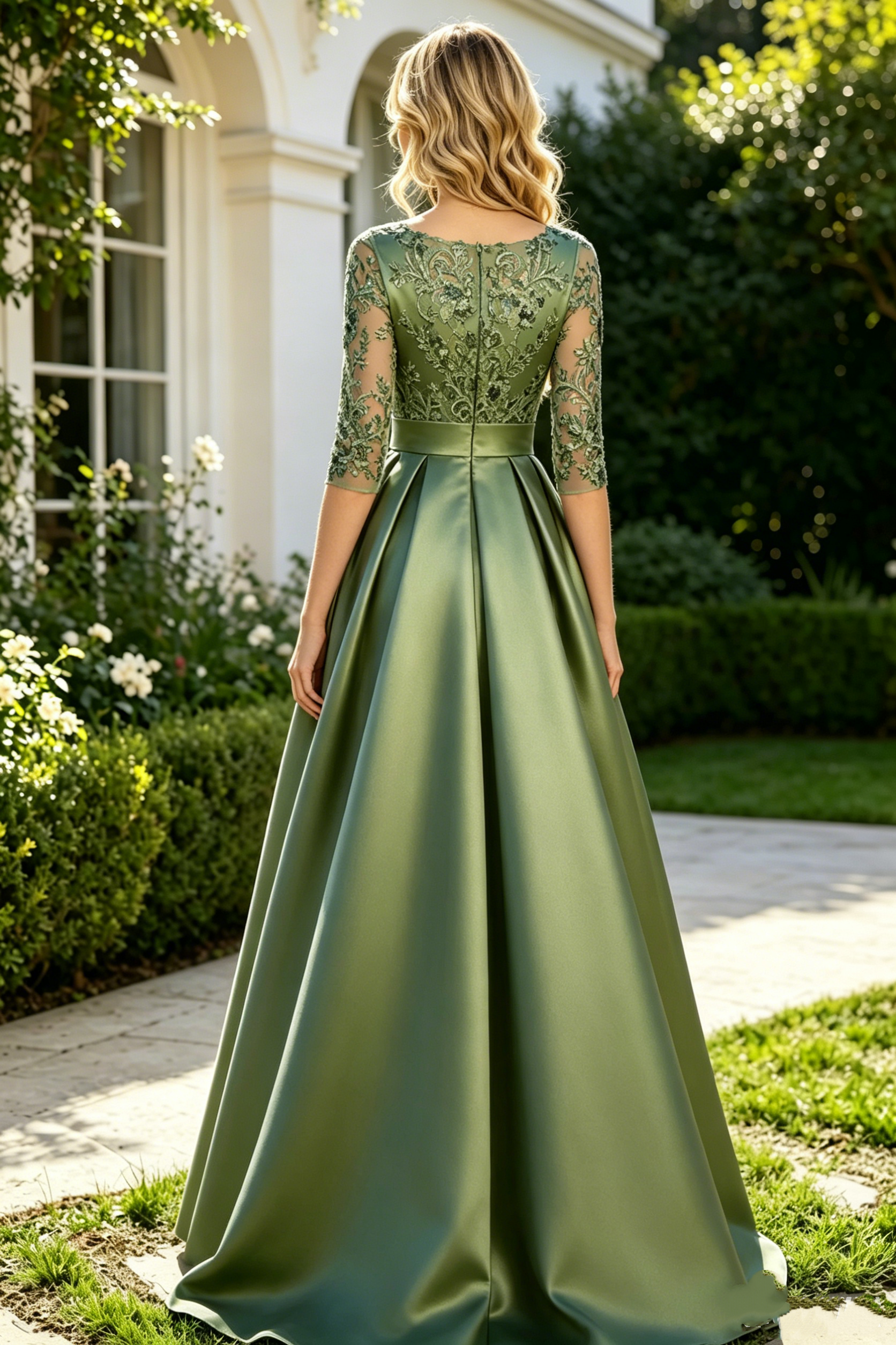 V-Neck Half-Sleeves A-Line Two Tone Mother Of The Bride Dress