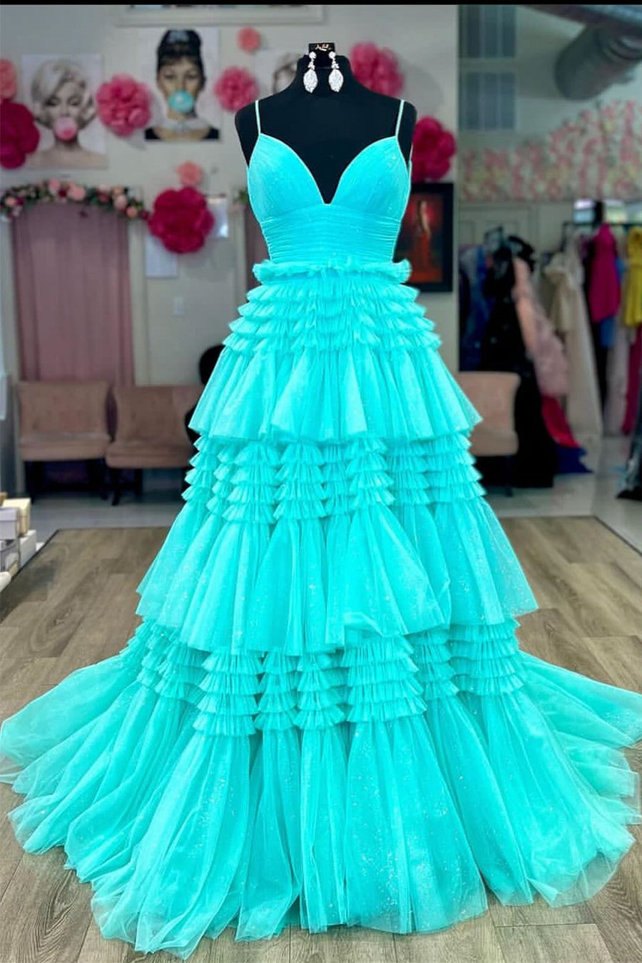 Aqua Layers Straps Deep V Neck A-line Long Prom Dress