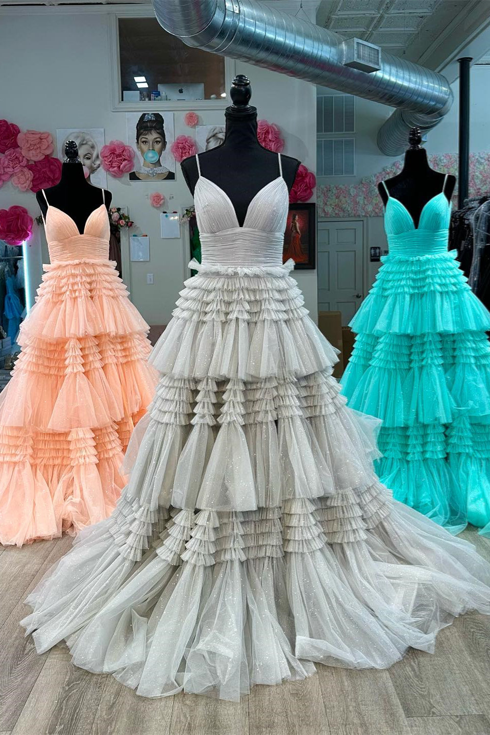 Peach & Grey & Aqua Layers Straps Deep V Neck A-line Long Prom Dress