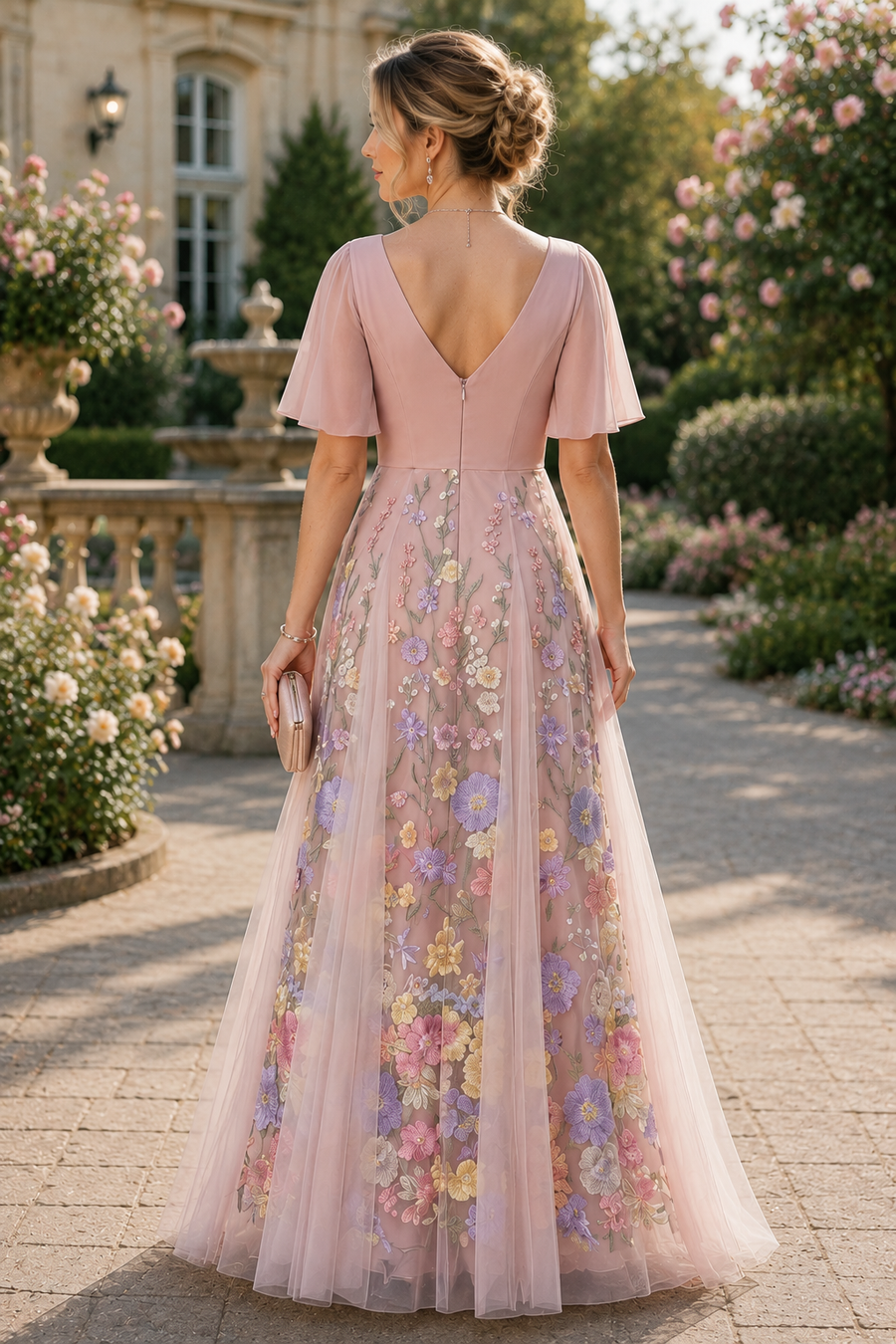 V-Neck Short Sleeves A-Line Chiffon And Floral Tulle Mother Of The Bride Dress 