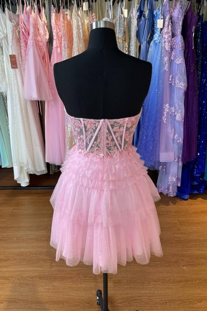 Pink A-line Appliques Strapless Sheath Tulle Homecoming Dress