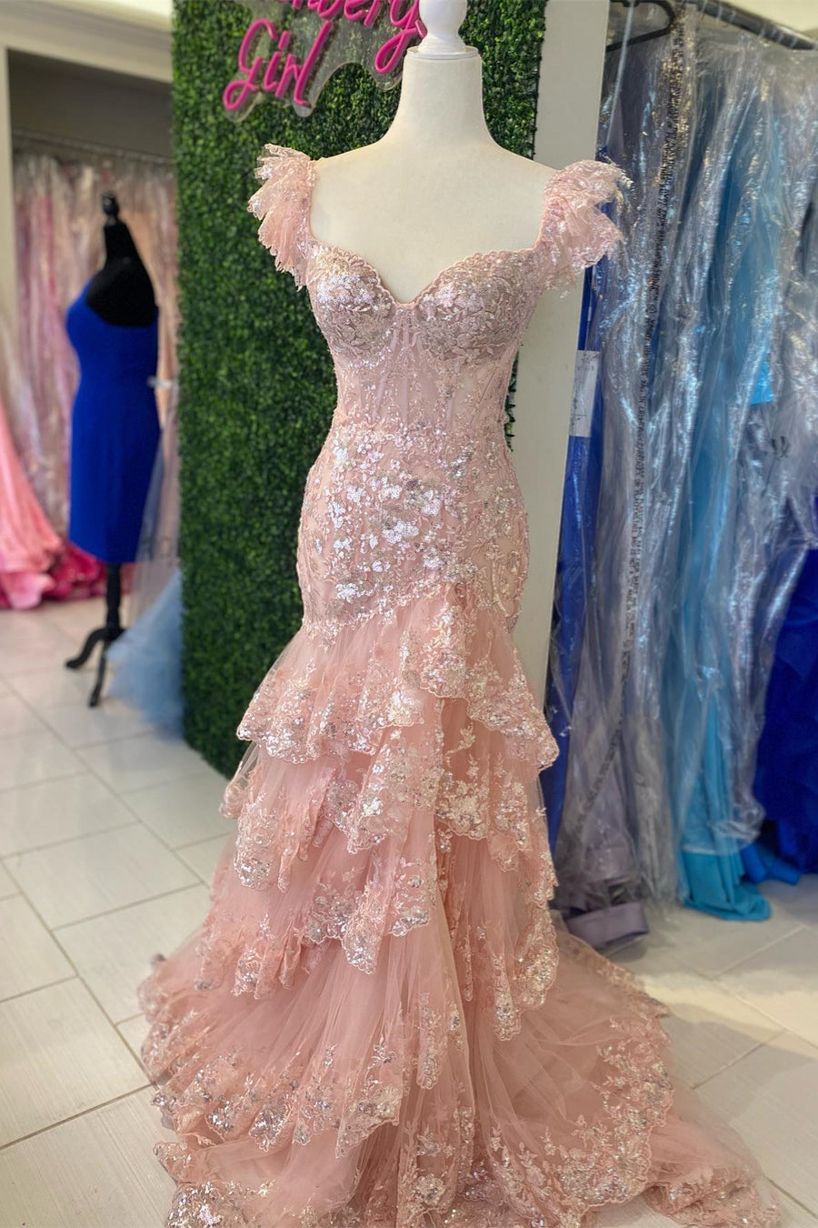 Pink Sequined Mermaid Layers Flutter Sleeves Long Prom Dress with Slit