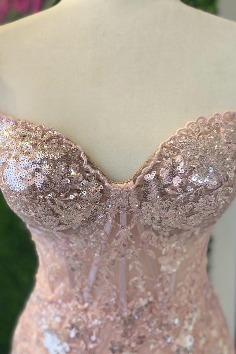 Pink Sequined Mermaid Layers Flutter Sleeves Long Prom Dress with Slit