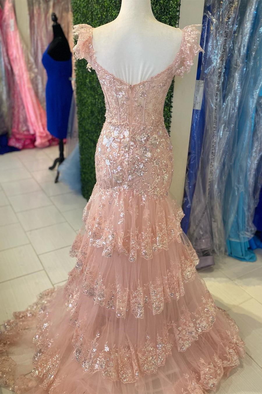 Pink Sequined Mermaid Layers Flutter Sleeves Long Prom Dress with Slit