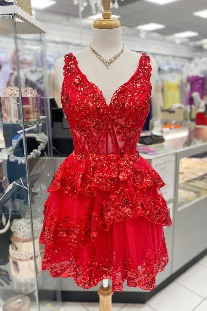 Red V Neck A-line Sequin Tulle Homecoming Dress