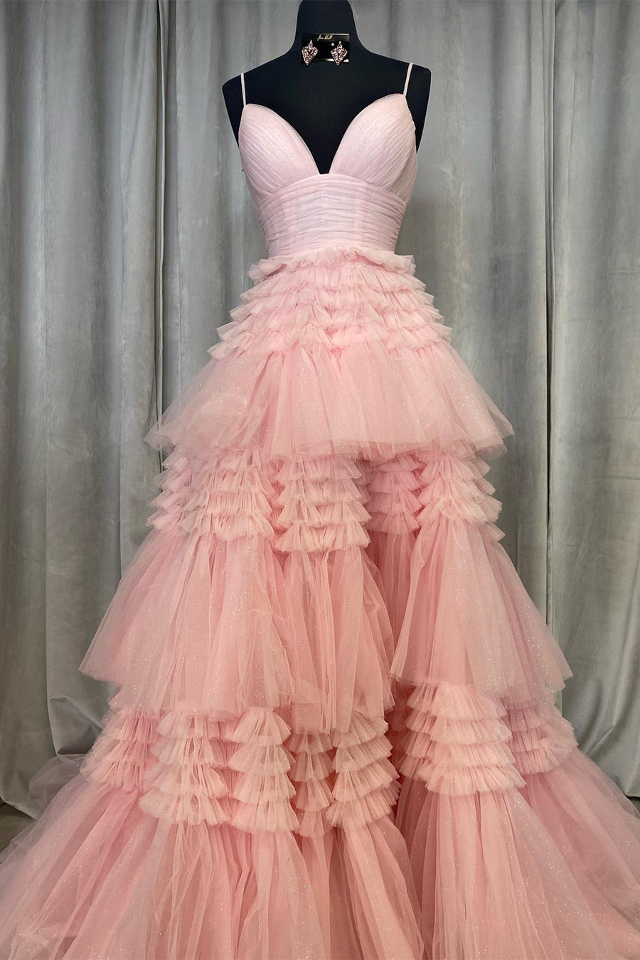 Blush Pink Layers Straps Deep V Neck A-line Long Prom Dress