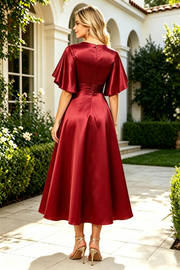 V-Neck Short Sleeves A-Line Empire Midi Mother Of The Bride Dress