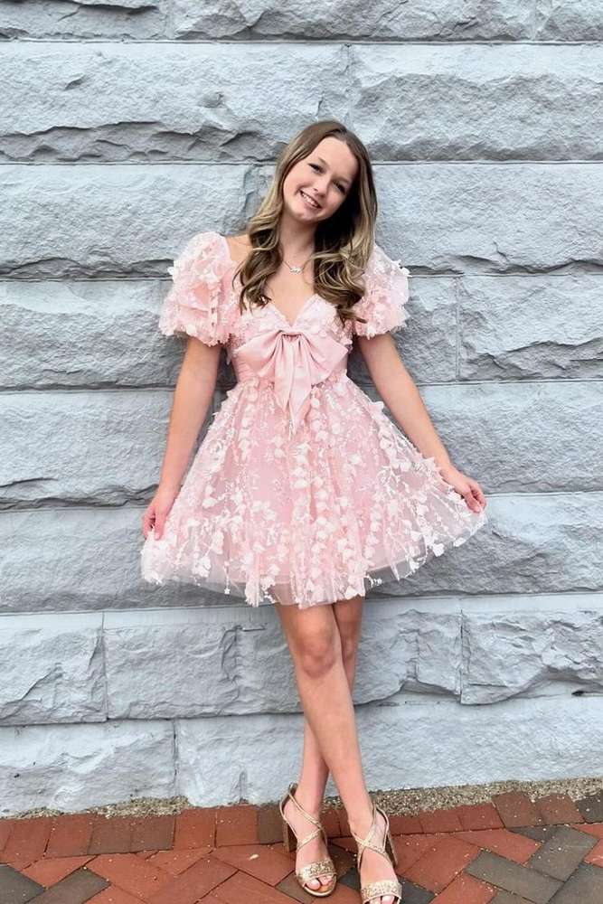 Short Puff Sleeves Pink A-line Babydoll Homecoming Dress